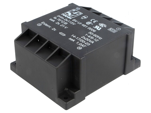 Transformator: ingegoten; 40VA; 115VACx2; 21V; 21V; 952mA; 952mA Transformator: ingegoten; 40VA; 115VACx2; 21V; 21V; 952mA; 952mA